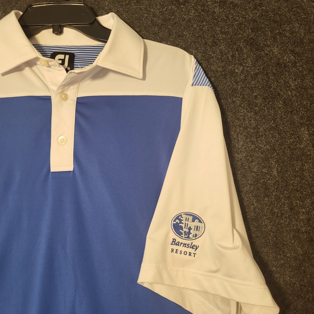 FootJoy Mens Golf Polo Shirt Blue White Barnsley Resort Logo Size Medium FJ